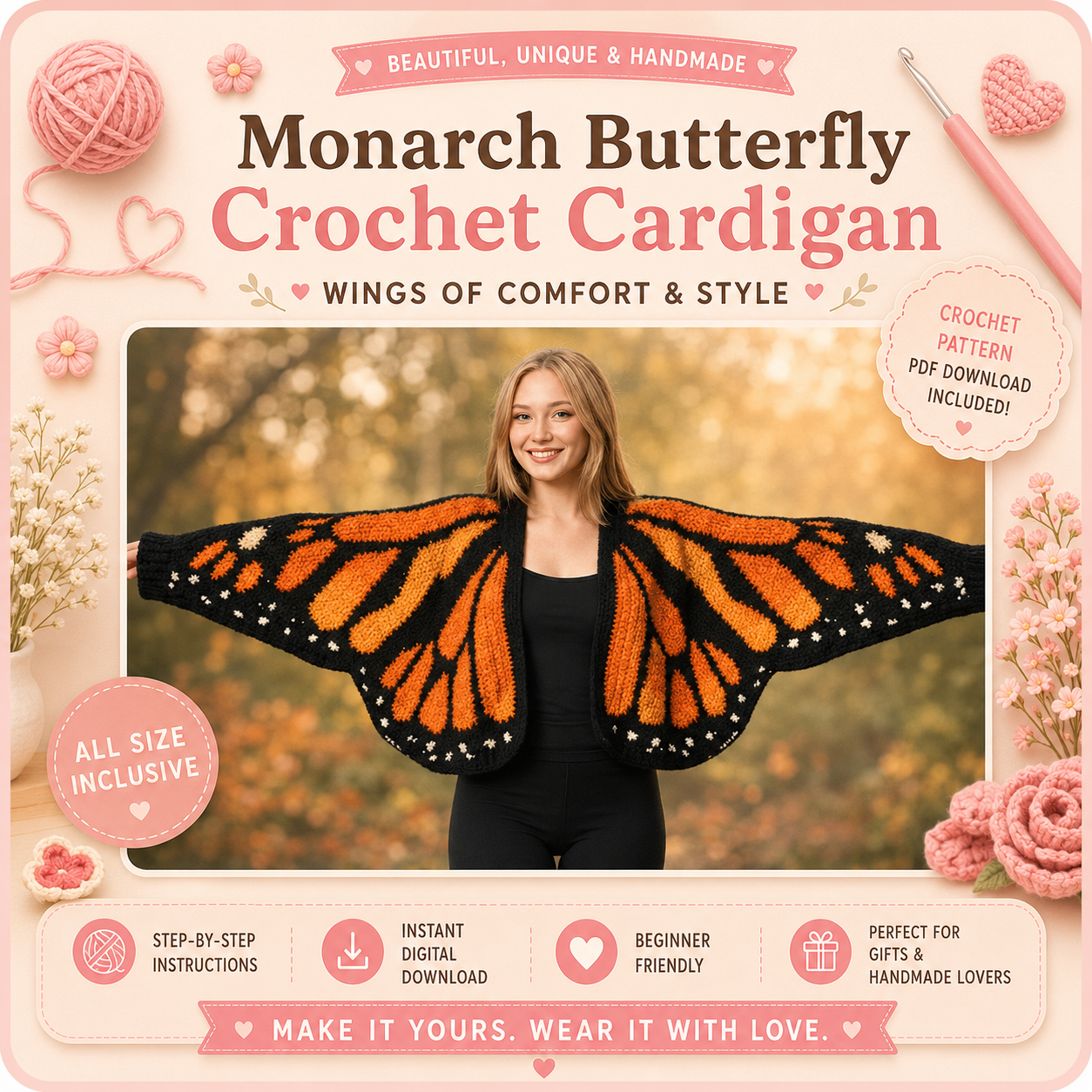 Monarch Butterfly Cardigan Crochet Pattern PDF – Granny Square Boho Sweater