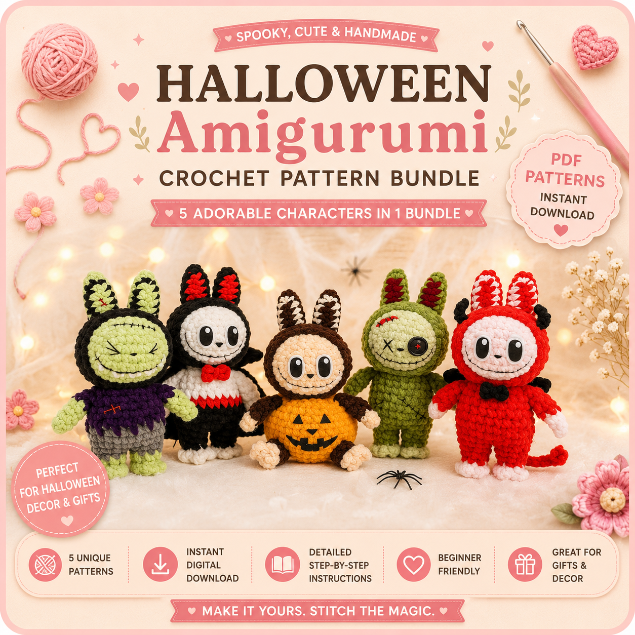 Labubu 5-in-1 Halloween Crochet Outfits PDF Doll Clothes Pattern Bundle