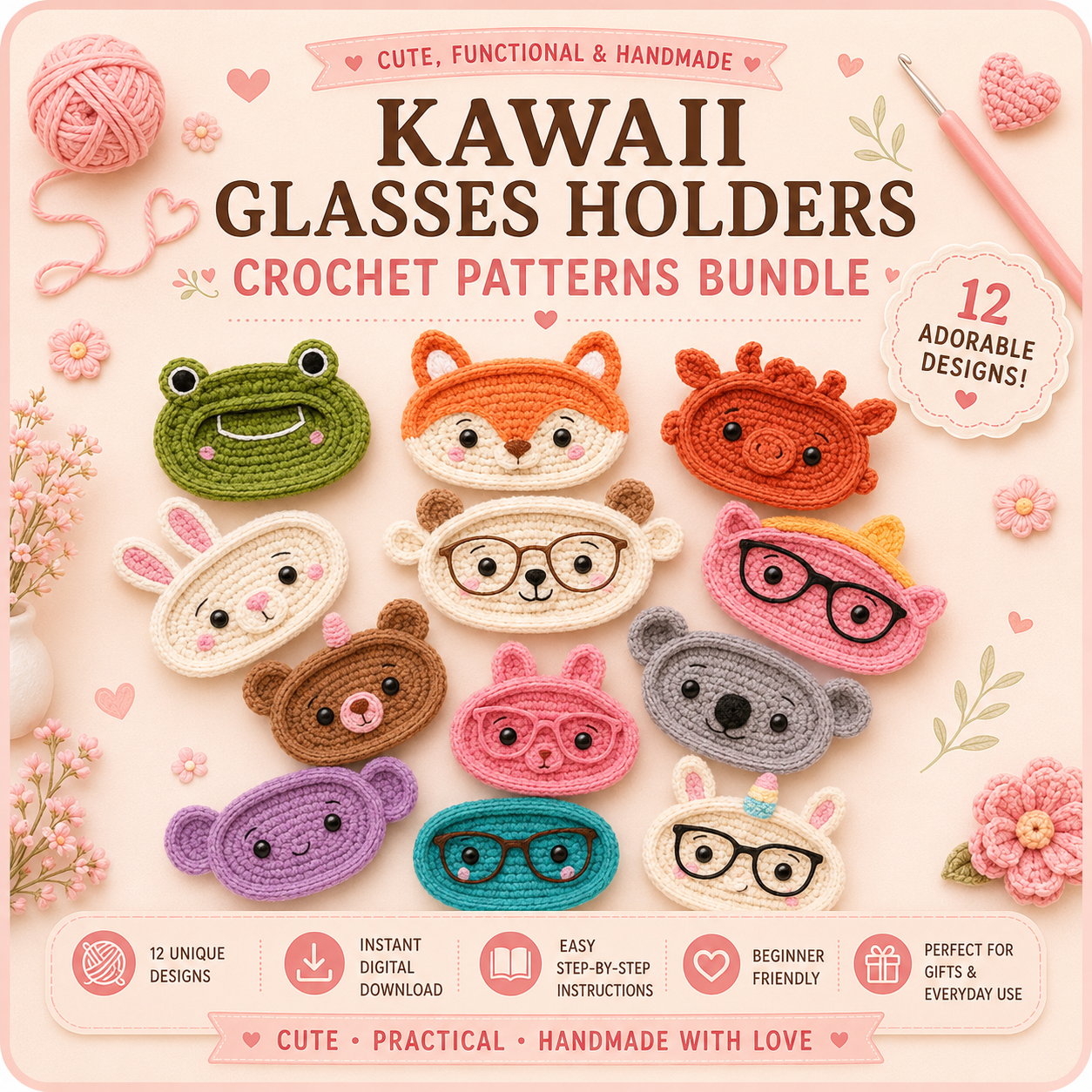 Kawaii Glasses Holders Crochet Pattern PDF – Cute Animal Eyeglass Stand Tutorial