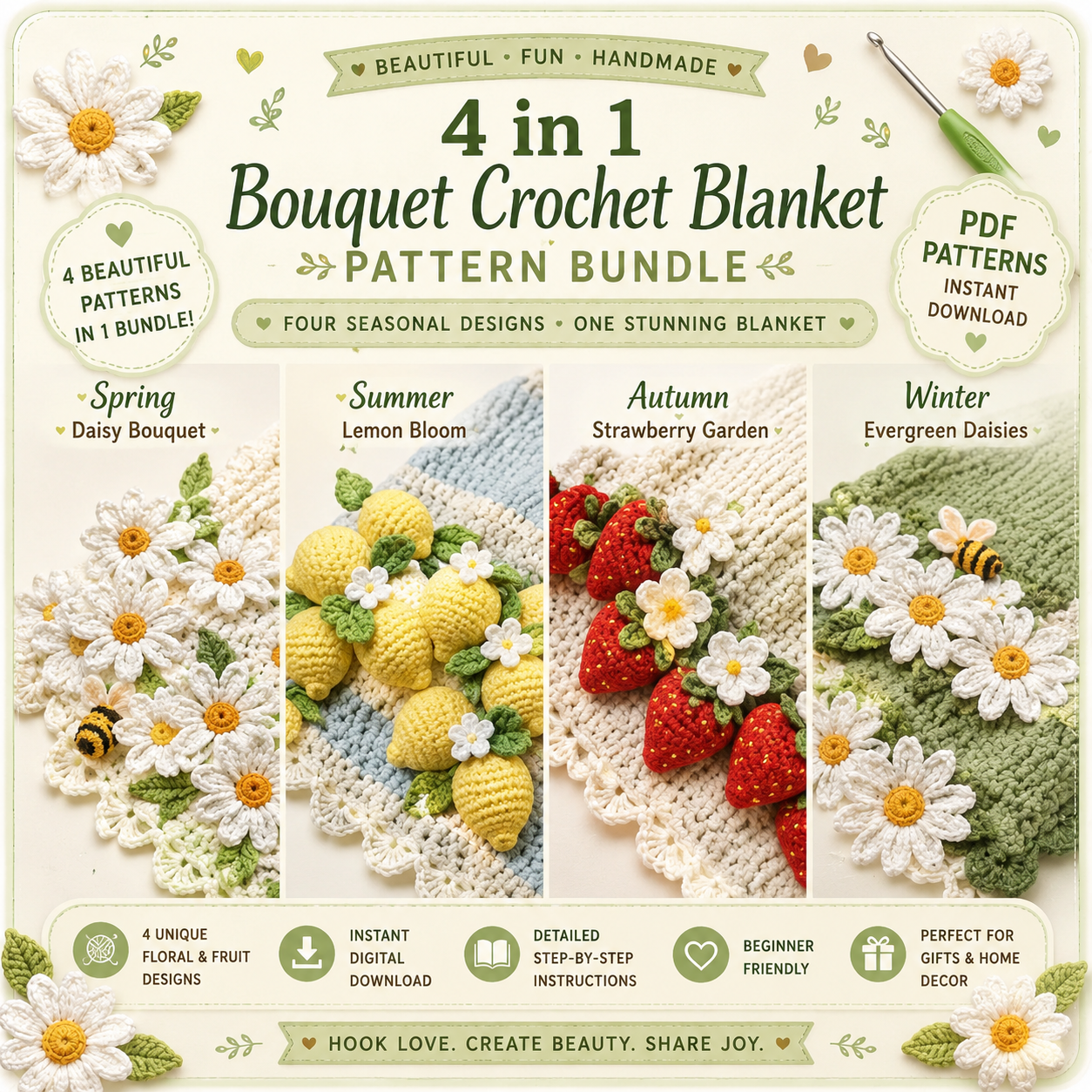 Bouquet Blanket Crochet Pattern Bundle – Floral Afghan & Granny Square PDF Collection
