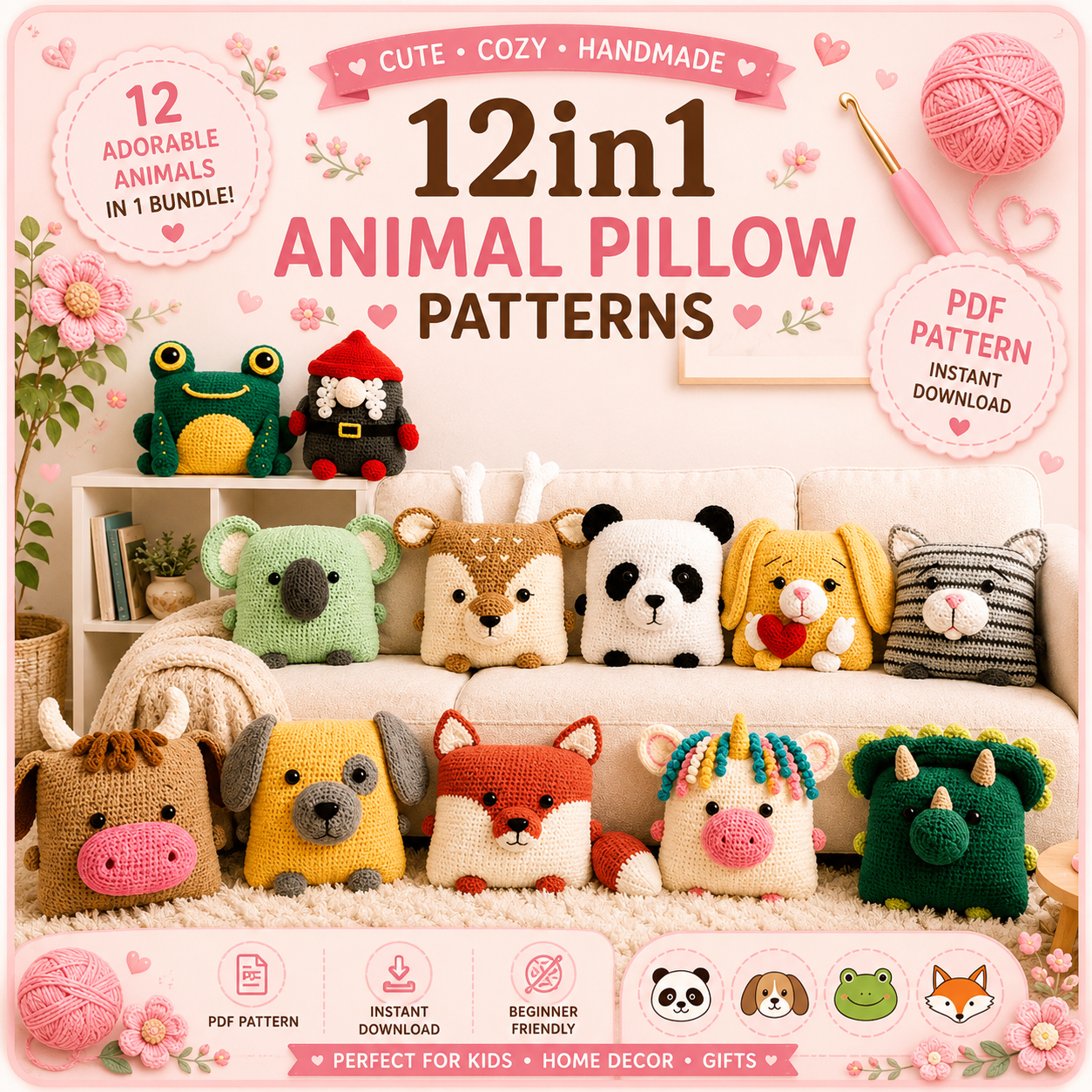 12 Animal Pillow Crochet Pattern Bundle – Cute Amigurumi Cushion PDF Collection