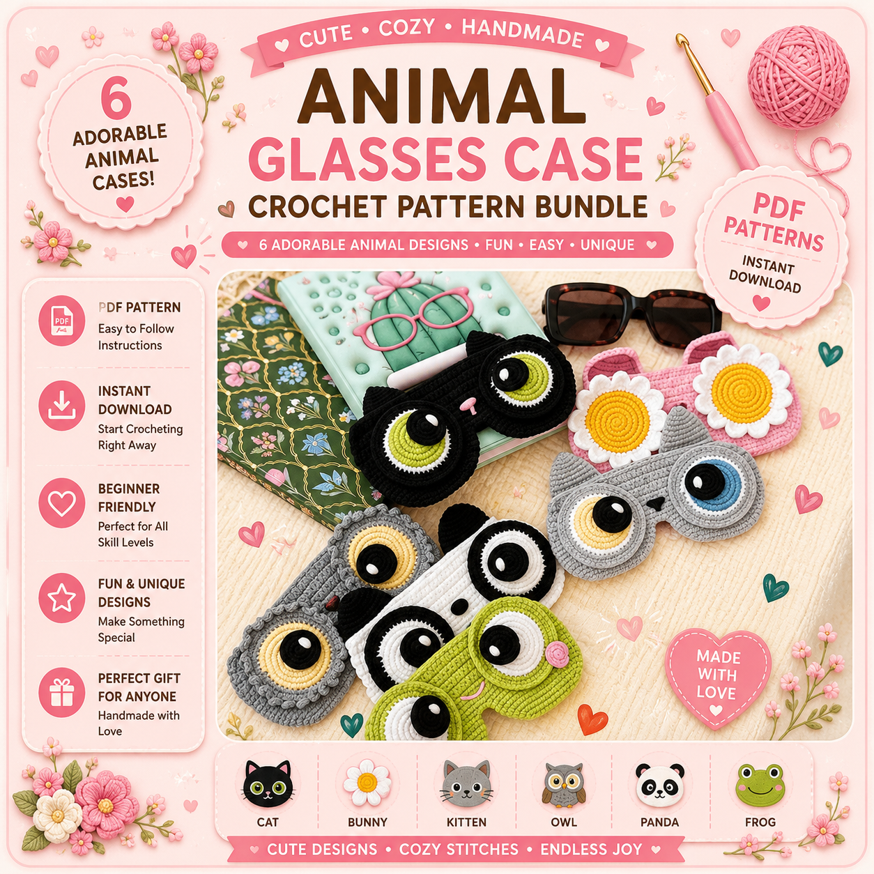 5-in-1 Crochet Glasses Case Pattern – Eyeglass & Sunglasses Pouch PDF Bundle