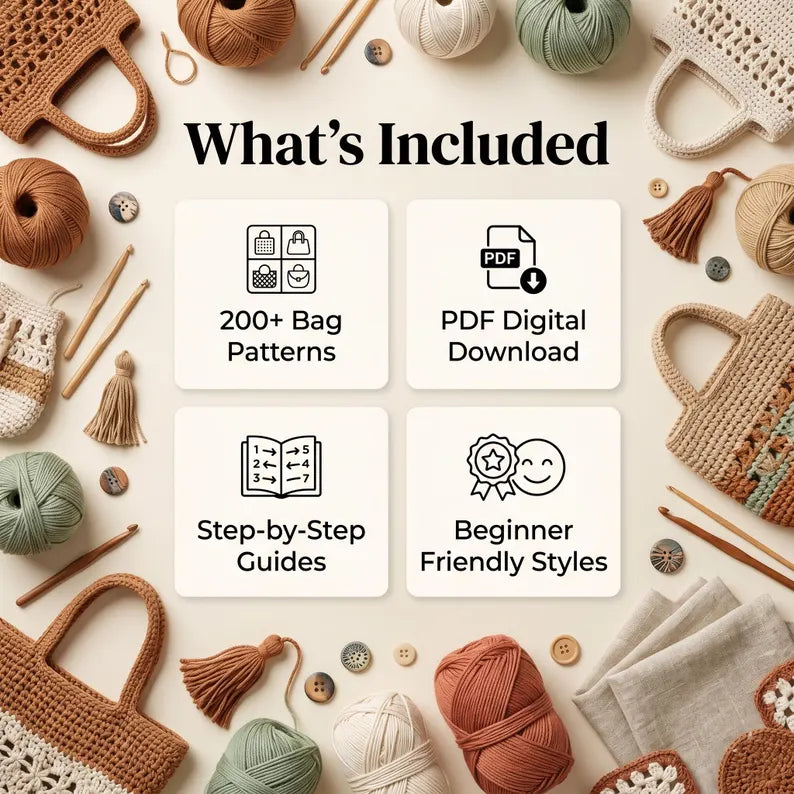 200+ Boho Crochet Bag & Pouch Pattern Bundle – Tote, Purse & Accessories PDF Collection